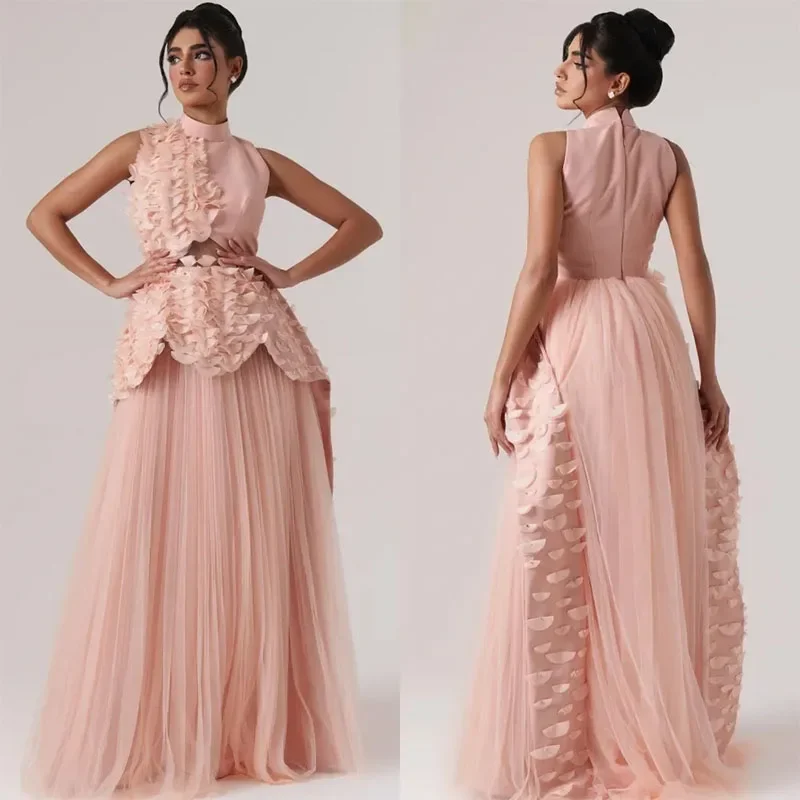 Vestidos de Noche de línea A con flores rosas exquisitas personalizados, vestido de fiesta de tul plisado con cuello alto, noche Formal hecha a medida de Arabia Saudita