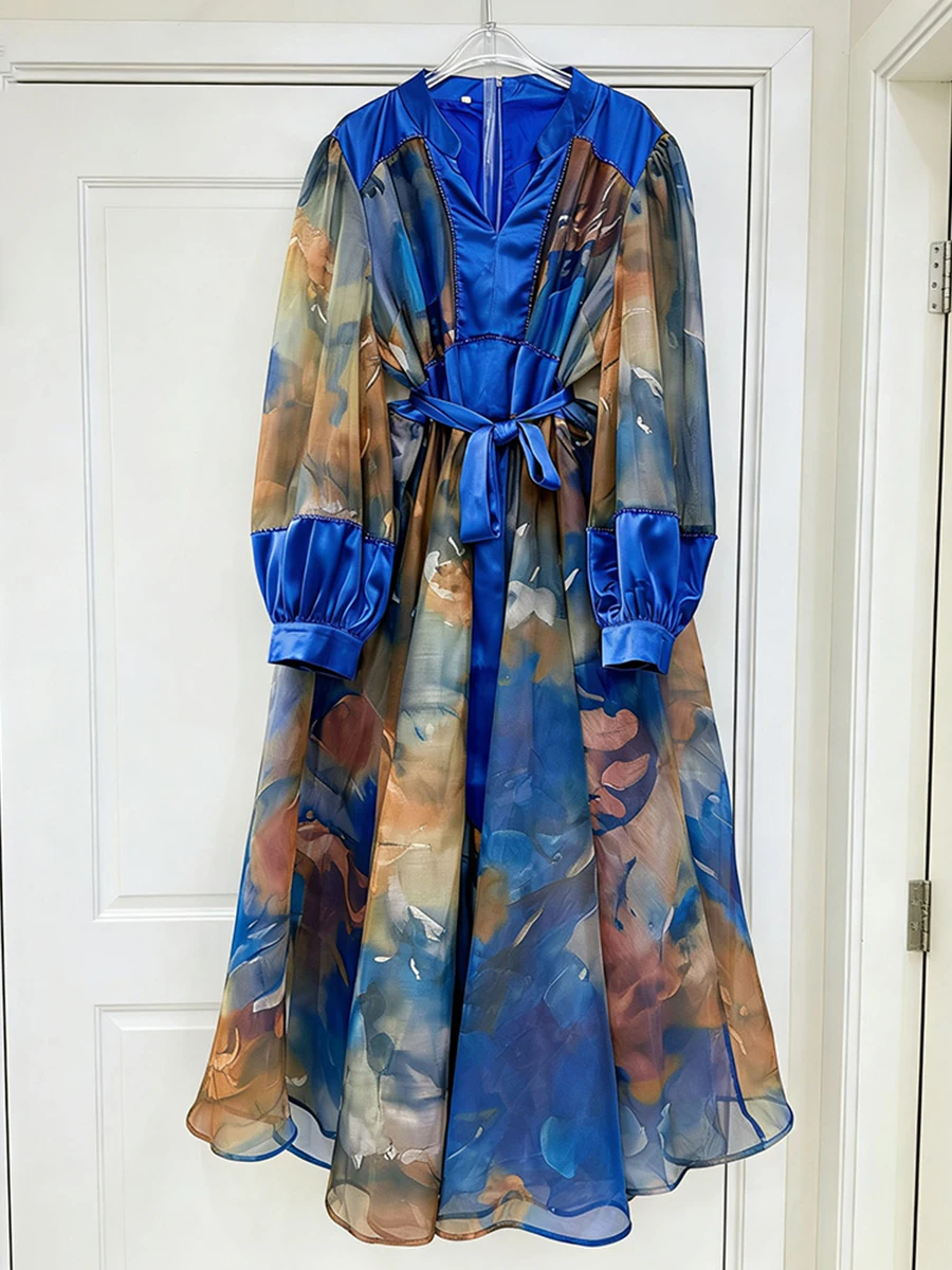 Vgh colorblock impressão malha drapeado vestidos para mulher com decote em v lanterna manga emendado rendas até elegante vintage midi vestido feminino