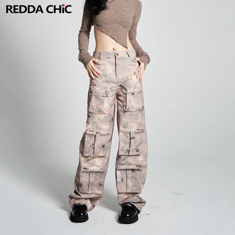 REDDACHiC Low Waist Camouflage Cargo Pants for Women 90s Skater Multi-pocket Wide Leg Casual Pants Hiphop Trousers Work Wear