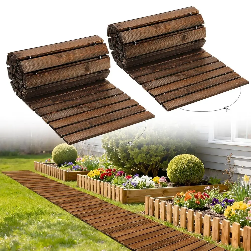 Paquete de 2 Pasarelas Enrollables de Pino Carbonizado Resistentes a la Intemperie de 8.2t, Suelo para Patio Exterior, para Jardín, Área de Piscina (Marrón)