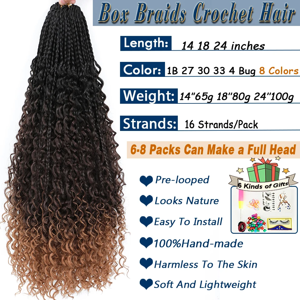 1-6 Packs Ombre Box Braids With Curly Ends Crochet Hair 14 18 24 Inches 1B 33 4 30 27 Bug Colors Goddess Box Braids Crochet Hair