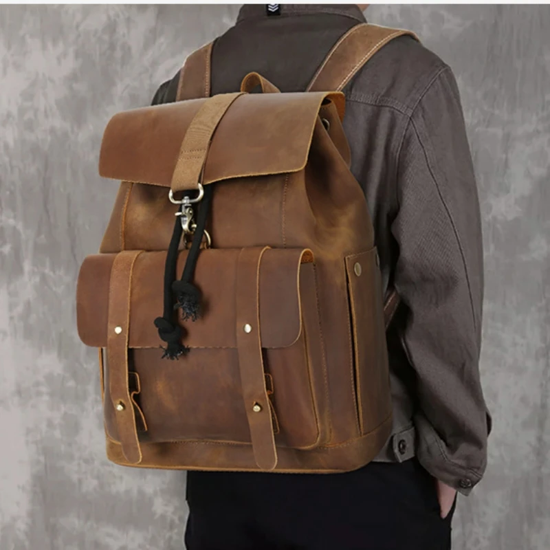 

﻿ New Luxury Causal Backpack Crazy Horse Leather Men's Business Backpacks 15.6 Laptop Bagpack Outdoor Rucksack Mochila Schoolbag