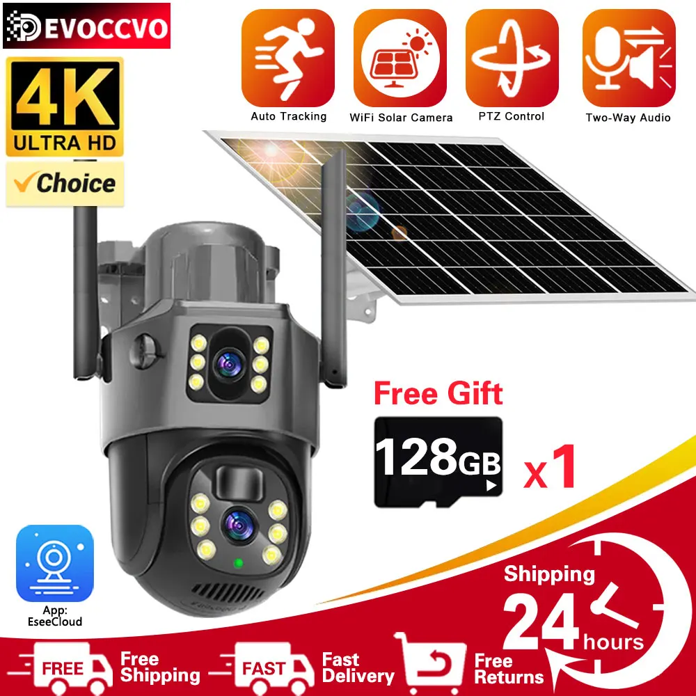 

4K WiFi Solar Camera Outdoor PTZ IP Camera With Solar Panel Recharge Battery 8MP CCTV Video Surveillance Cameras Auto Tracking