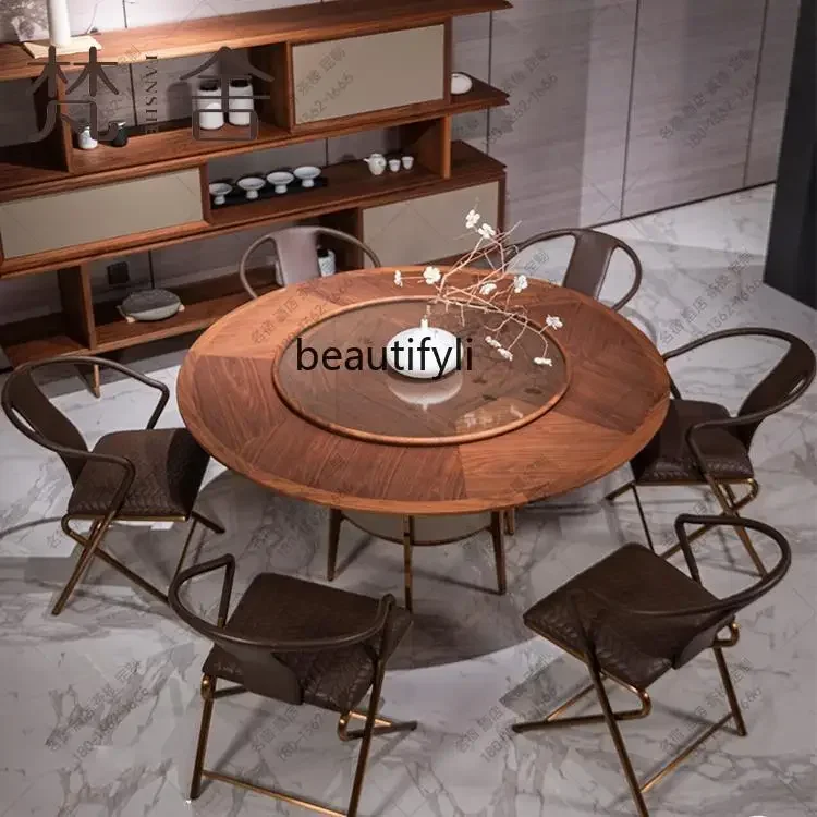 

New Chinese style modern black walnut solid wood restaurant round dining table simple light luxury style high-end customization
