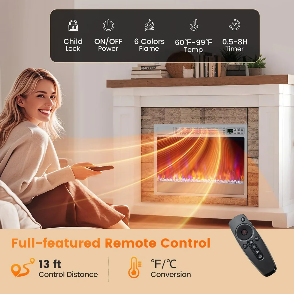 23-Inch Infrared Quartz Electric Fireplace Insert with Remote Control, 1500W Recessed Fireplace Heater with Thermostat