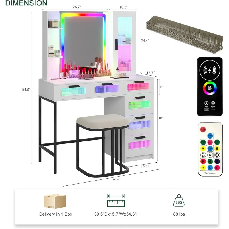 HBC RGB Mirror and Lights,LED Vanity Makeup Desk with USB/Wireless Charger Station,Vanities Dressing Table Se