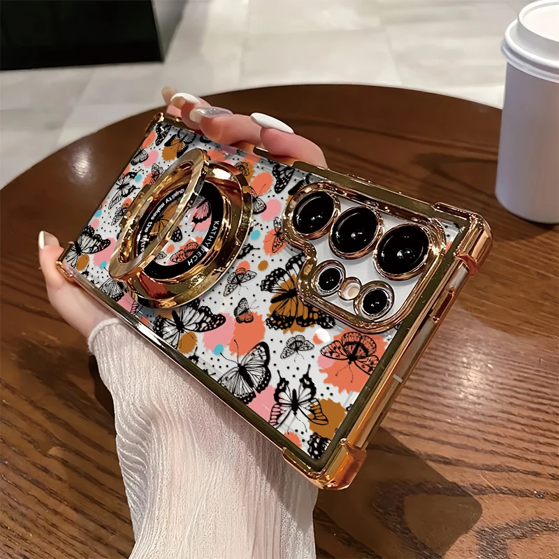 Luxury Shockproof Phone Case For Samsung Galaxy S23 Ultra S21 Plus S20 FE S22+ 5G Holder Bracket Butterfly Pattern Clear Cover