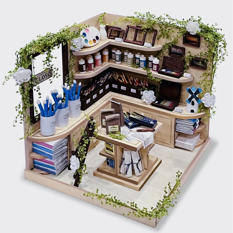 NEW DIY Wooden Pigment Shop Casa Doll Houses Miniature Building Kits Dollhouse With Furniture Villa for Girls Birthday Gifts