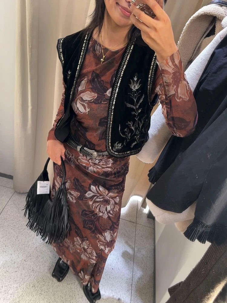 

BANA n Sle Embroidered Sequins Bla Velvet ort Vest Women's Faion Commute Cotton Wool Blend Single Button