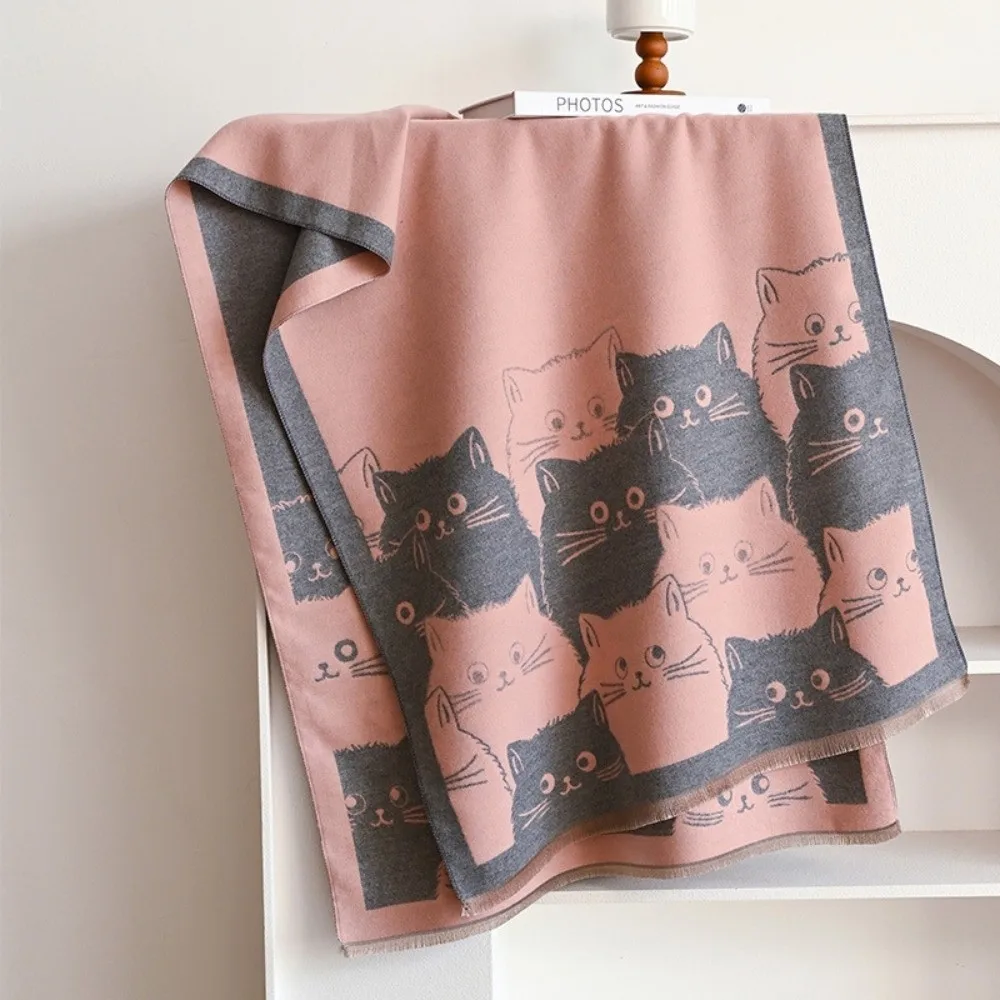 Coldproof Large Size Cat Print Cashmere Scarf Elegant Double Sided Warm Blanket Scarf Thick Soft Winter Shawl Outdoor Use
