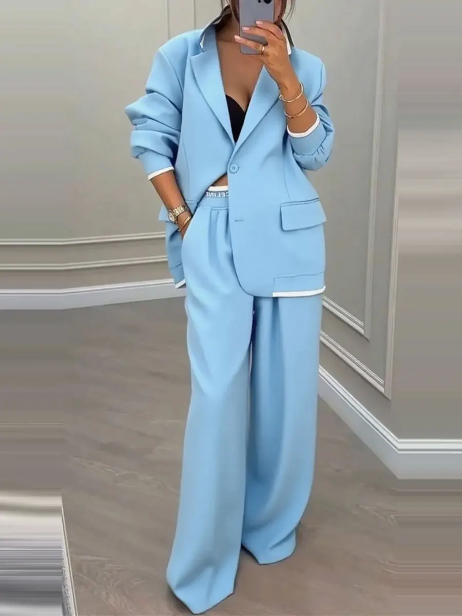 Autumn Winter Blazer Jacket Set Woman Elegant Single Button Lapel Cardigans & Wide Leg Trousers Suit Elegant Solid Office Outfit
