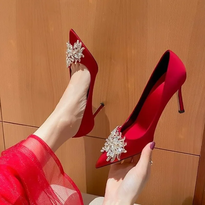 Satin Rhinestone Crystal Shallow Pumps Stiletto High Heel Fashion Women\'s Spring White Women Bridal Wedding Dress Heels Women