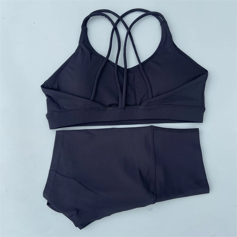 Yoga Shorts Set Gym Sports Set 2 Piece Women Workout Outfit Fitness Suit Cross Straps Bra High Waist Shorts Running Tracksuit