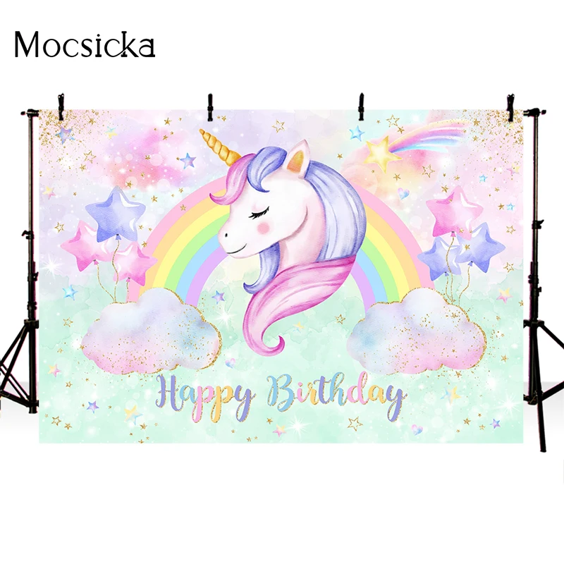 Tęczowy jednorożec Tło Fotografia Księżniczka Portret dziecka Fototapeta 1. Dekoracja urodzinowa Studio Photo Backdrops