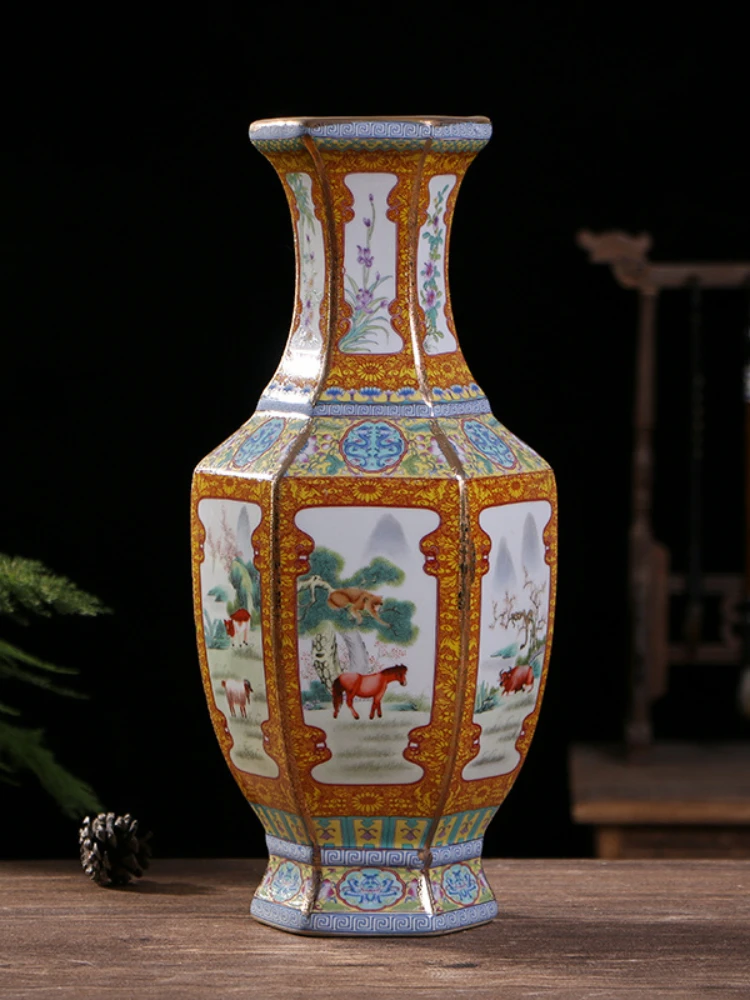 Ceramic Vase Antique Imitation Chinese Style Porcelain Decorative Ornaments Crafts Enamel Color Twelve Zodiac Hexagonal Bottle