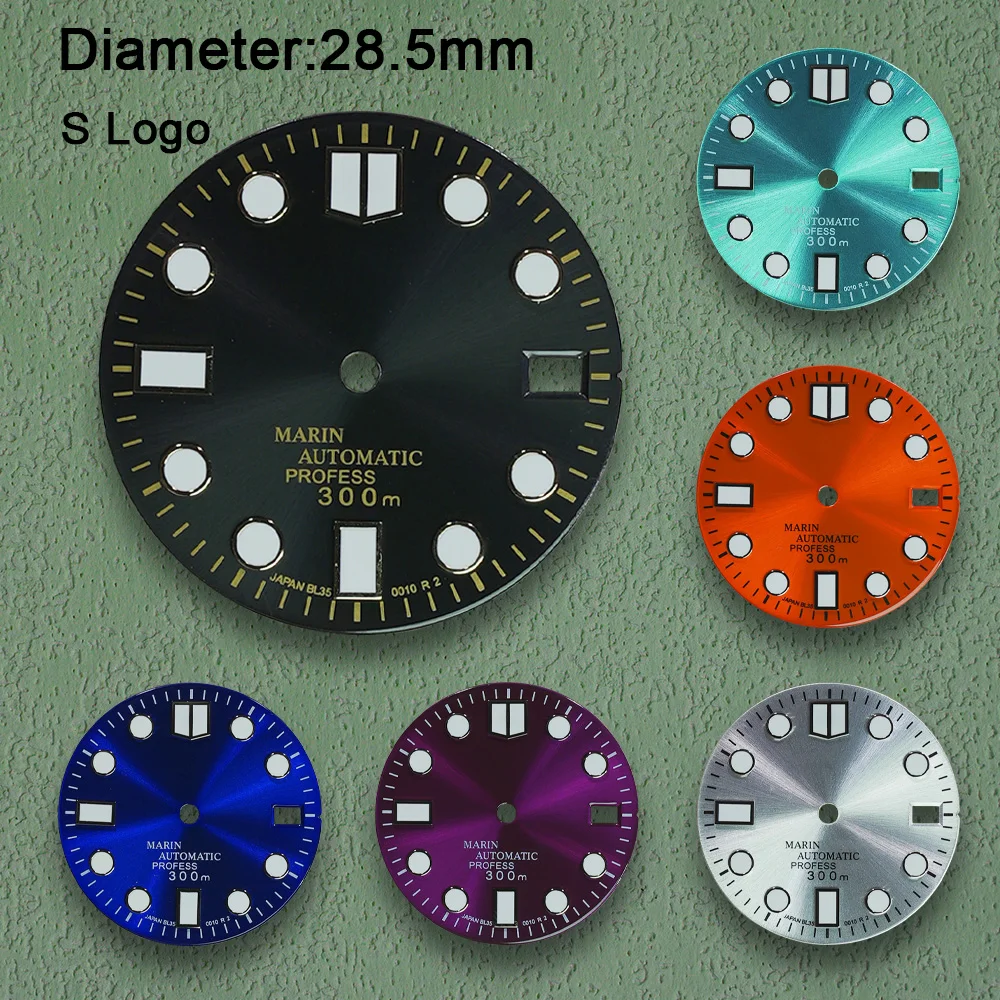 28.5mm S Logo Enamel Sunburst Dial Suitable For NH35/NH36/4R/7S Movement C3 Strong Green Luminous Watch Modification Accessories