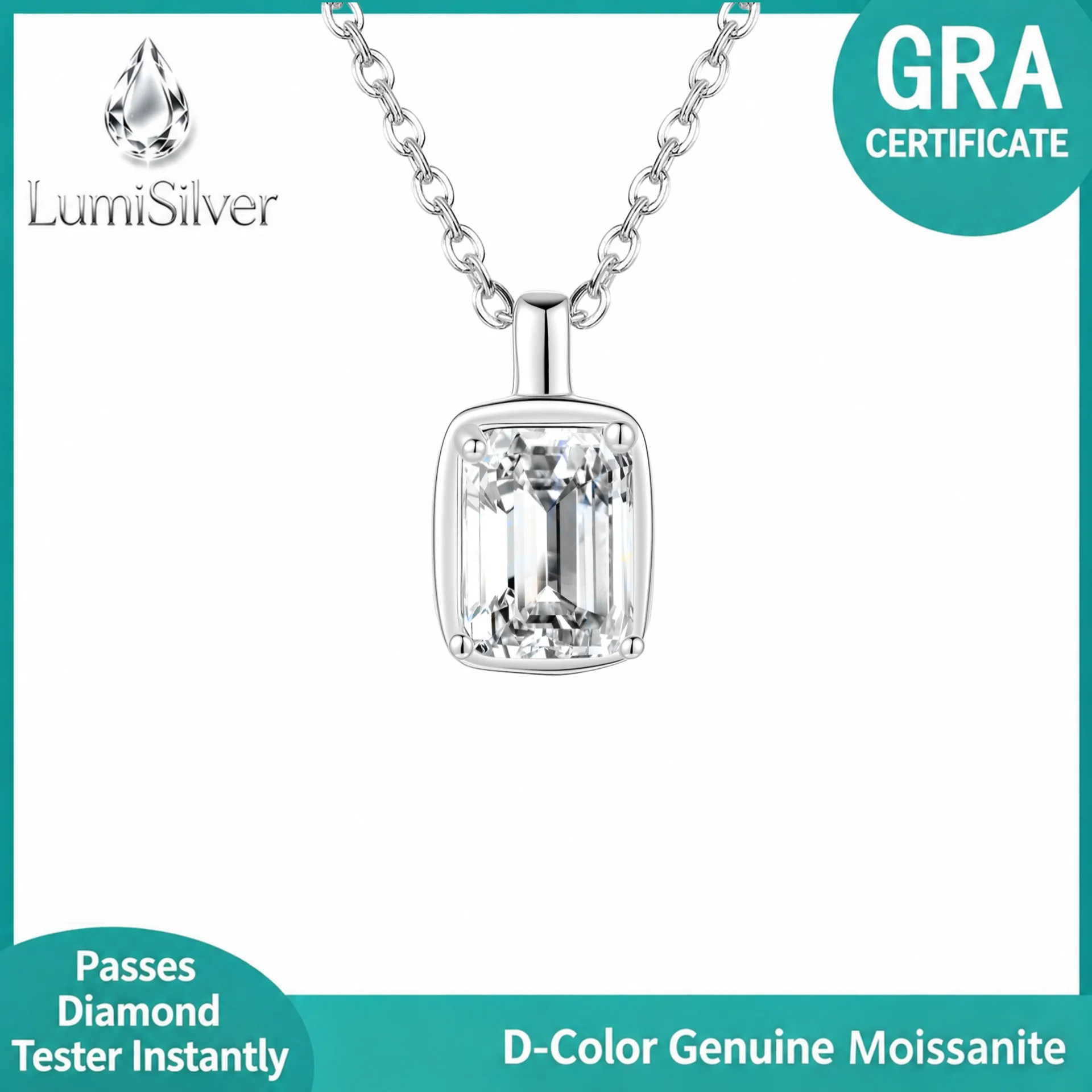 D Color Emerald Cut Moissanite Pendant Necklace 925 Sterling Silver Rectangle Solitaire Clavicle Chain for Women Men Jewelry Gif