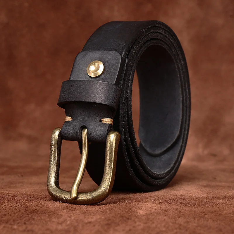 Ceinture en Cuir Ciré Vintage pour Homme, Large de 3.3cm, Délavé, Première Couche, Boucle à Aiguille, Denim Décontracté