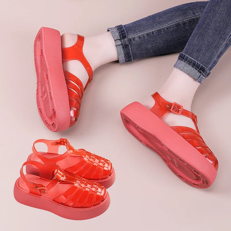 Fashion Thick Sole Sandals for Women Summer Roman Hollow Sandals Breathable Sponge Shoes Solid Color Jelly Beach Shoes Female