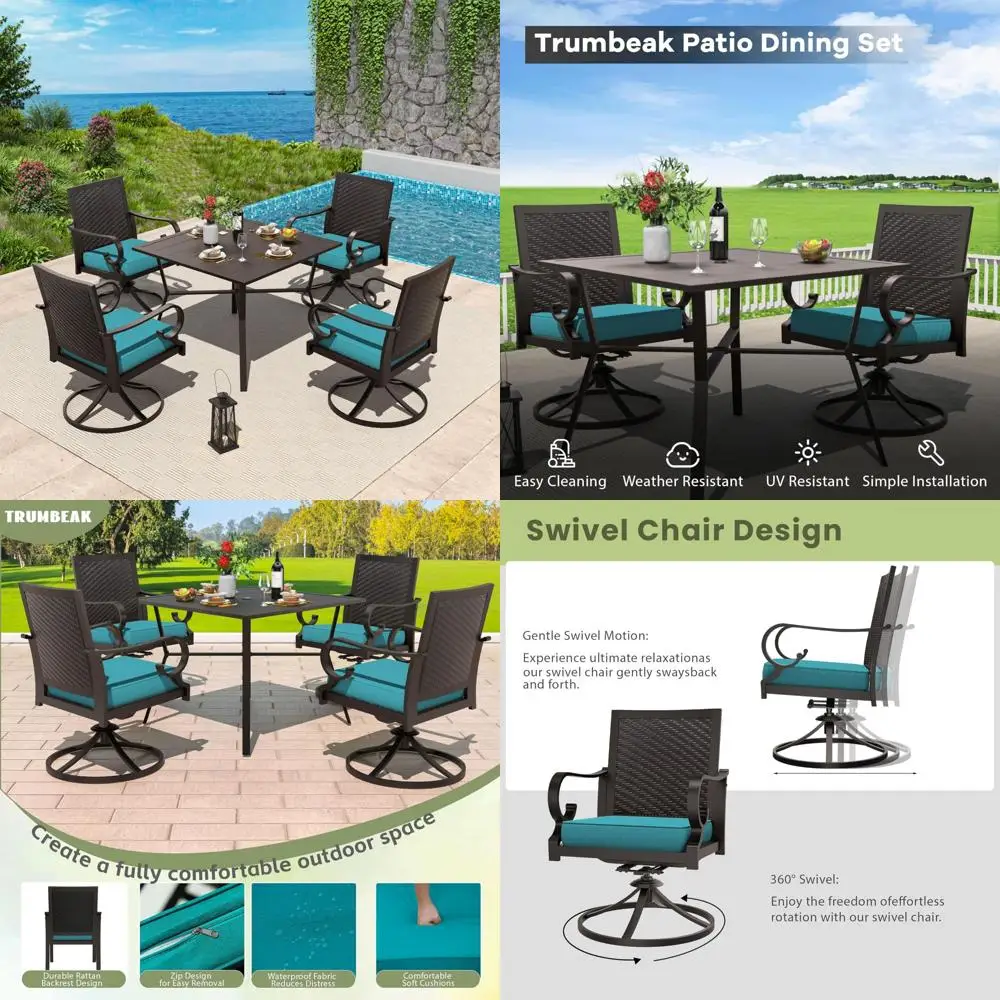 5-piece patio dining set outdoor conversation set,metal outdoor furniture set with umbrella hole cut-out table and 4 rattan back