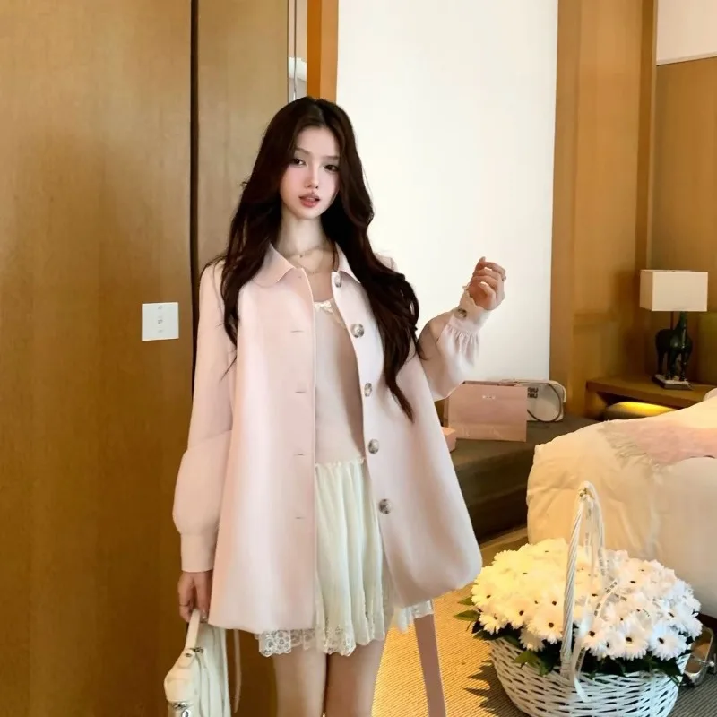 Japanese Sweet Lolita Trench Coat Women Pink Lantern Sleeve Turn Down Collar Slim Jackets Kawaii Mid Long Length Loose Outerwear - view 4