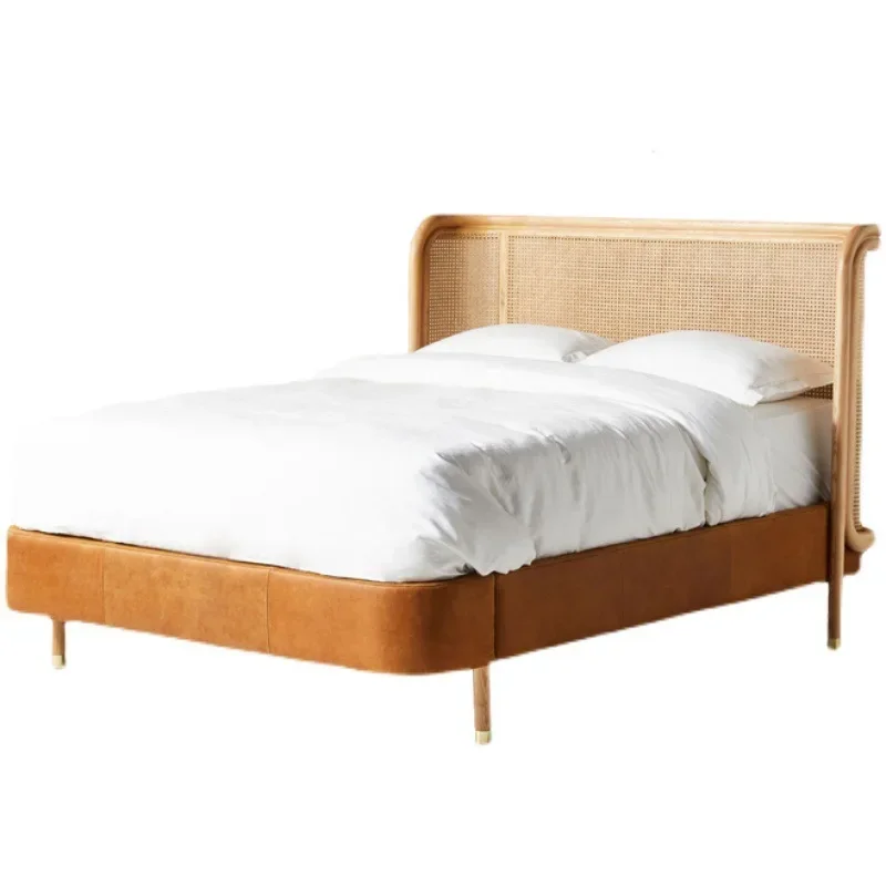 

French retro solid wood rattan bed, American old fabric bed, pastoral antique wedding bed master bedroom furniture