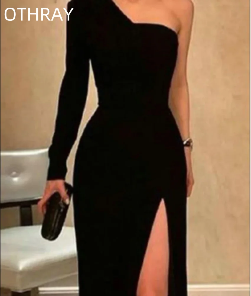 

Minimalist Side Slit Guest Formal Evening Floor Length One Shoulder Long Sleeve vestidos de noche Sexy Black Evening Dresses