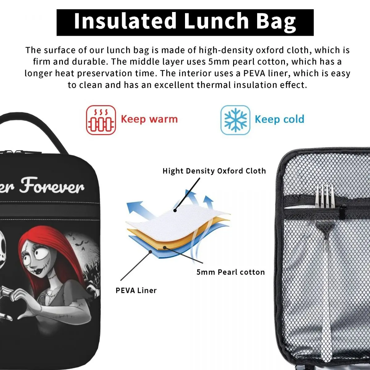 Custom Halloween Jack Skellington Sally Insulated Lunch Bag for Women Portable Thermal Cooler Bento Box Office Picnic Travel