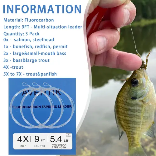 Imagen 2 del producto 3 Piezas de Línea de Pesca Aventik Premium Fly de Fluorocarbono Cónica para Agua Dulce y Salada, 9 pies, Tippet Cónico para Pesca con Mosca