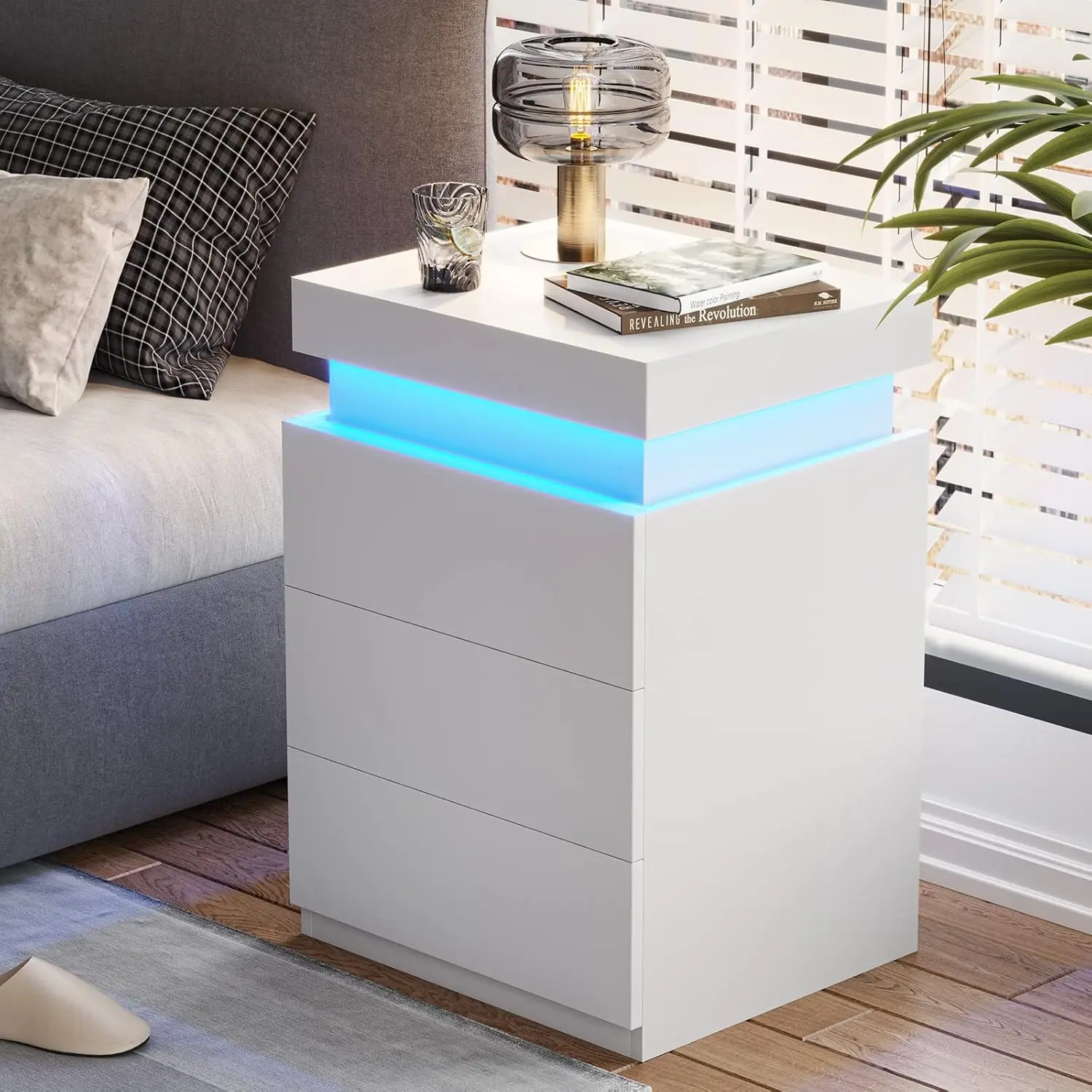 Mesa de cabeceira com estação de carregamento e luzes LED, suporte noturno com tampo deslizante para quarto, mesa de cabeceira com gavetas, extremidade moderna S