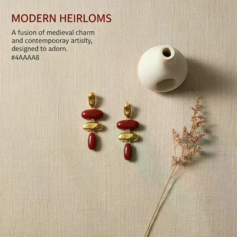 Retro Gold Enamel Drop Earrings: 2026 New Exaggerated Wine Red Stitching Metal Fashion Jewelry