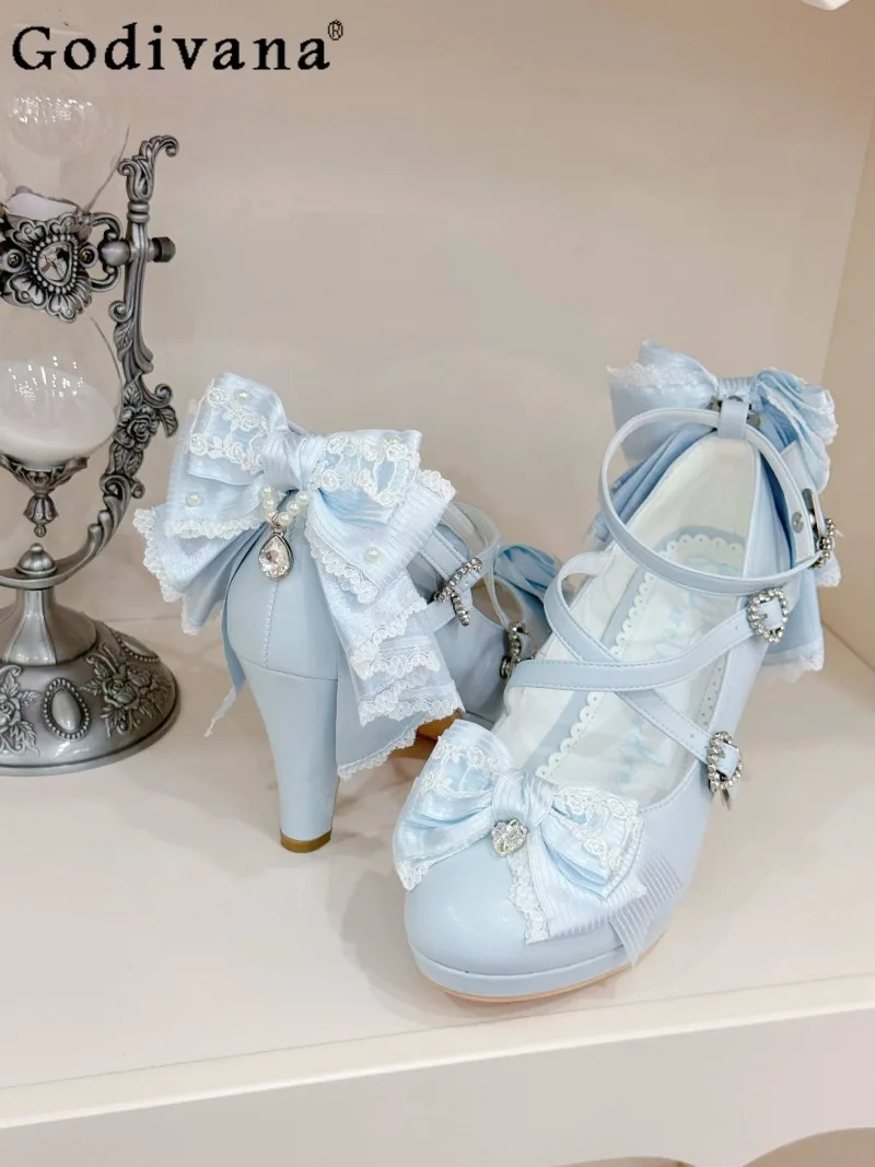 

Japanese Original Sweet and Elegant Lolita High Heels Lace Bow Pointed Thick Heel Cross Strap Retro Cute Mary Jane Single Shoes