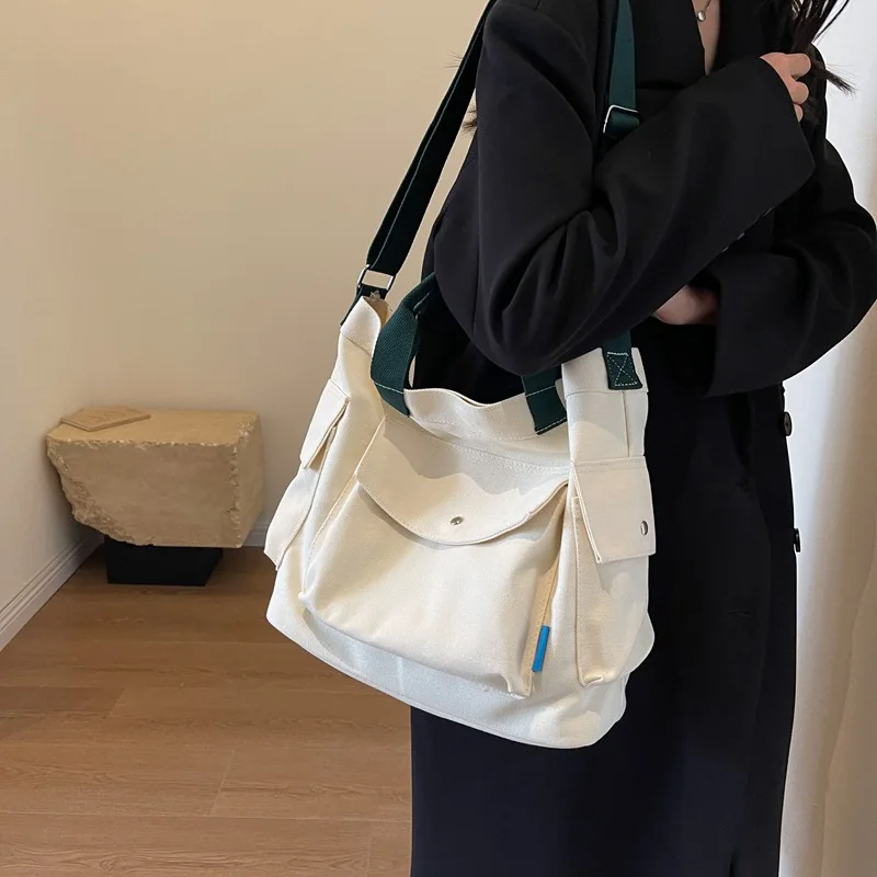 

Женская вместительная холщовая сумка для книг 2025 года, однотонная сумка через плечо для колледжа, минималистичный кошелек через плечо, вместительный легкий вес