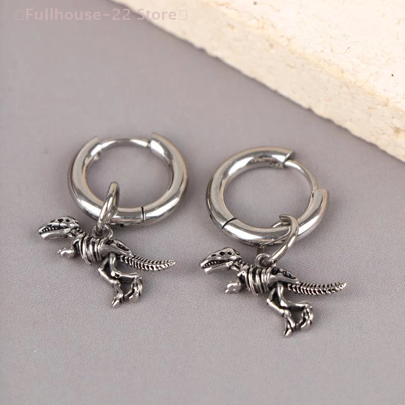 【MAX-22】فاسق ديناصور هوب القرط للرجال الديناصور ريكس الهيكل العظمي أقراط الفولاذ المقاوم للصدأ ديناصور المتحمسين المجوهرات هدية