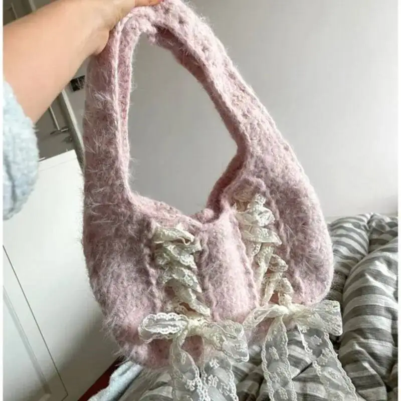 Bloom Fairycore Pink Shoulder Bags Women Sweet Lace Bow Chic Knitted Female Vintage Cute Underarm Bag Handbag Aesthetic