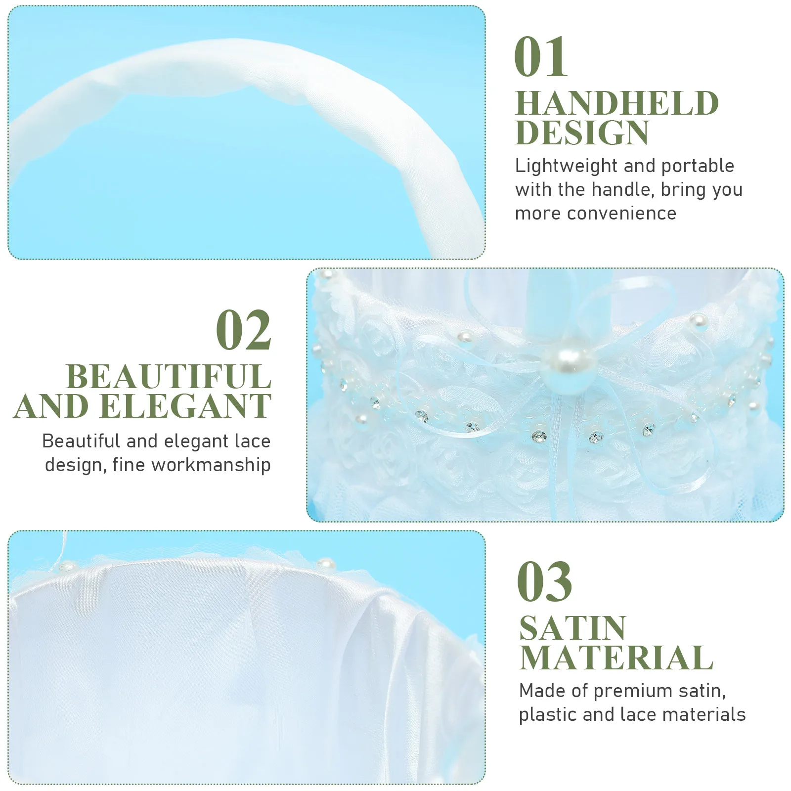 

Elegant Wedding Flower Girl Basket Lace Pearl Satin Handle Lightweight Petal Gift Container Bridal Party Supplies Storage Basket