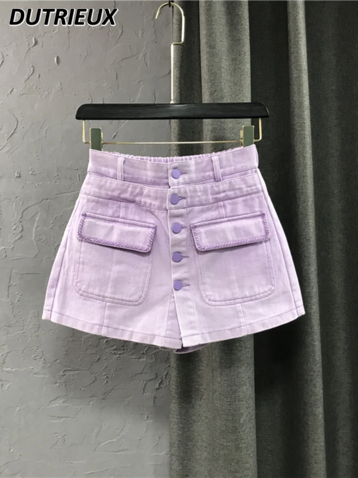 Shorts jeans estilo coreano de cintura alta para mulheres, perna larga, saia linha A, roxo, design de bolso, 2 peças falsas, verão, novo, 2022