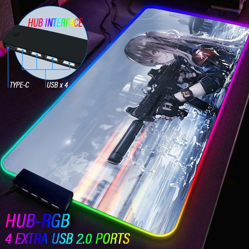 Girls Frontline Glowing Mouse Pad M4A1 M16A1 RGB Type C HUB GamE Keyboard Carpet Waterproof Table Mat Wrist Custom LED Backlight