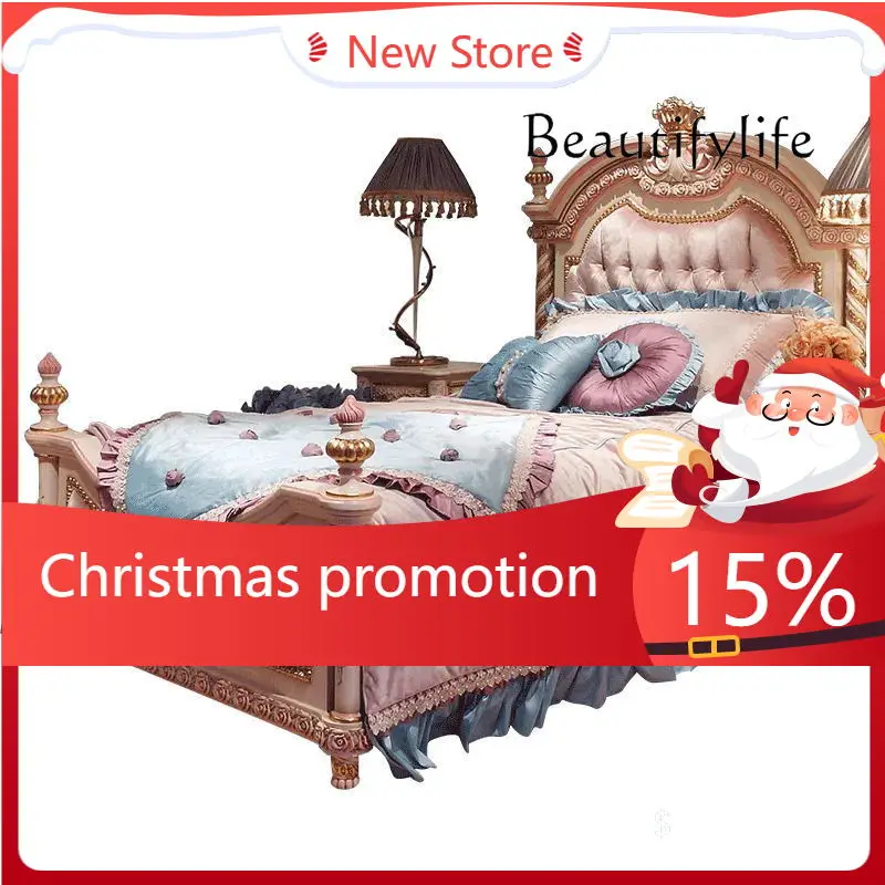 

Кровать для спальни из массива дерева в стиле легкой роскоши, европейская, с резьбой и цветочным узором, для французской виллы, дизайнерская, с тканевой обивкой, X