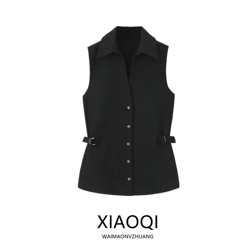 

Spring 2025 Women's Simple Strap Decorated Pleated Svel Collared irt New Arrival Straight Cut Regular Length