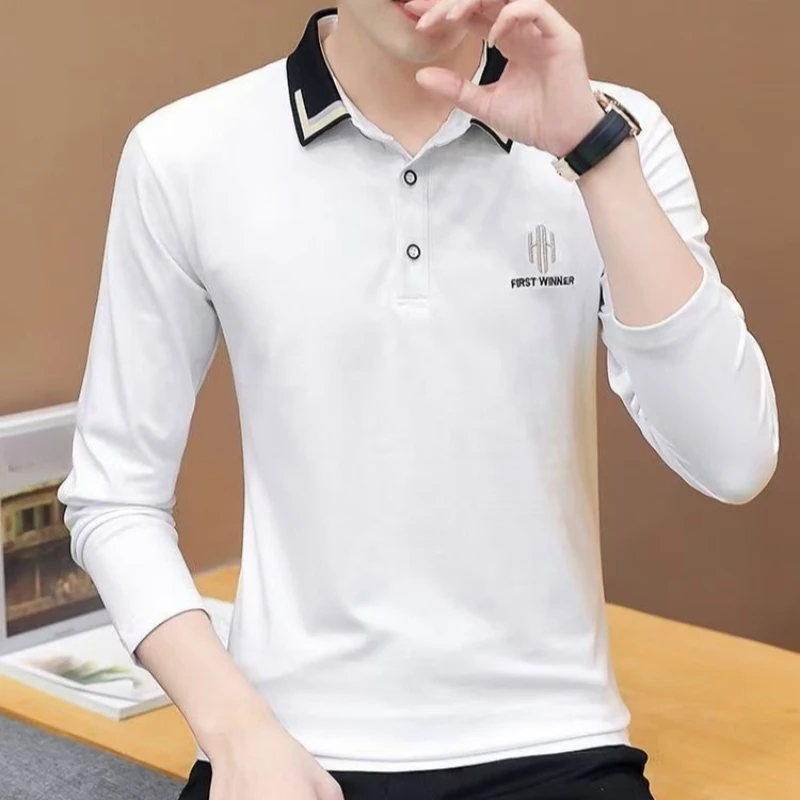 

Мужская весенняя хлопковая рубашка-поло высокого качества с длинным рукавом, облегающая рубашка-поло в корейском стиле, деловой повседневный осенний стильный топ