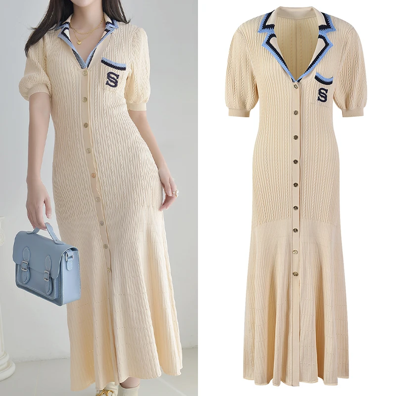 

High-End Edition Parisian Design SD Color Blo Letter Embroidery V-Ne ort Sve Knitted Dr Fem Long Gown