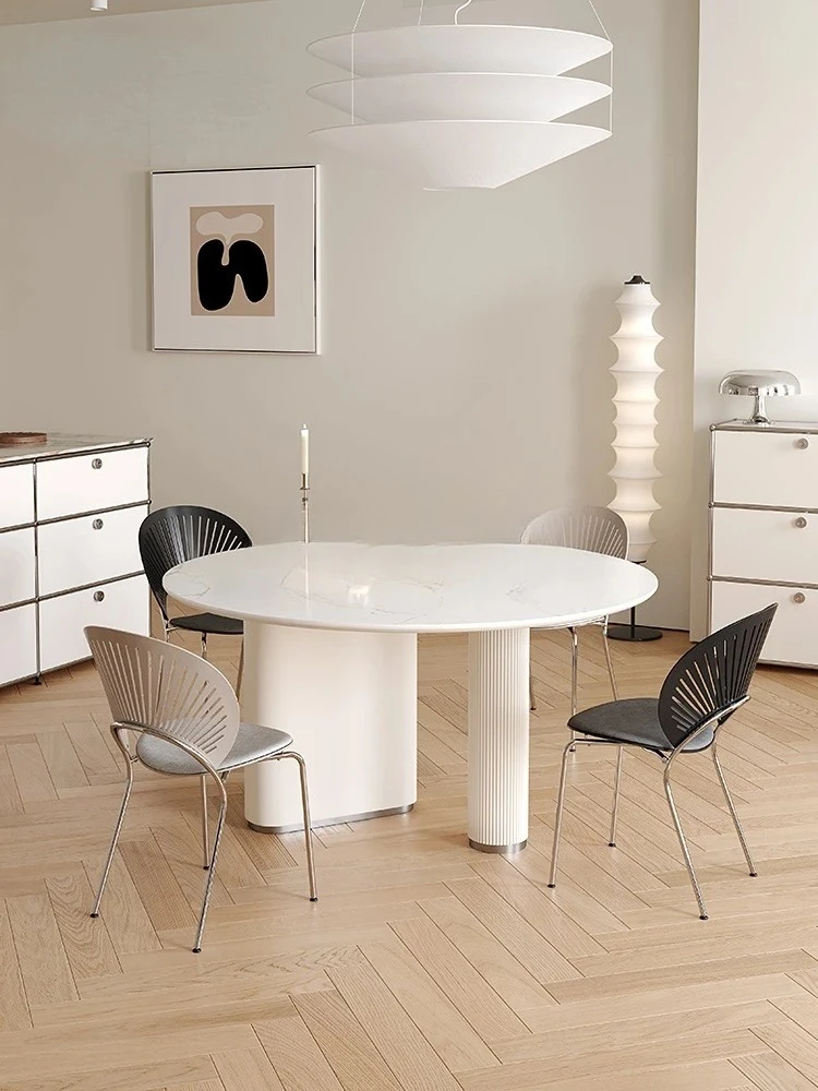 

Stone Plate Round Table Bright White High-End Modern Light Luxury Solid Wood Leg Dining Table