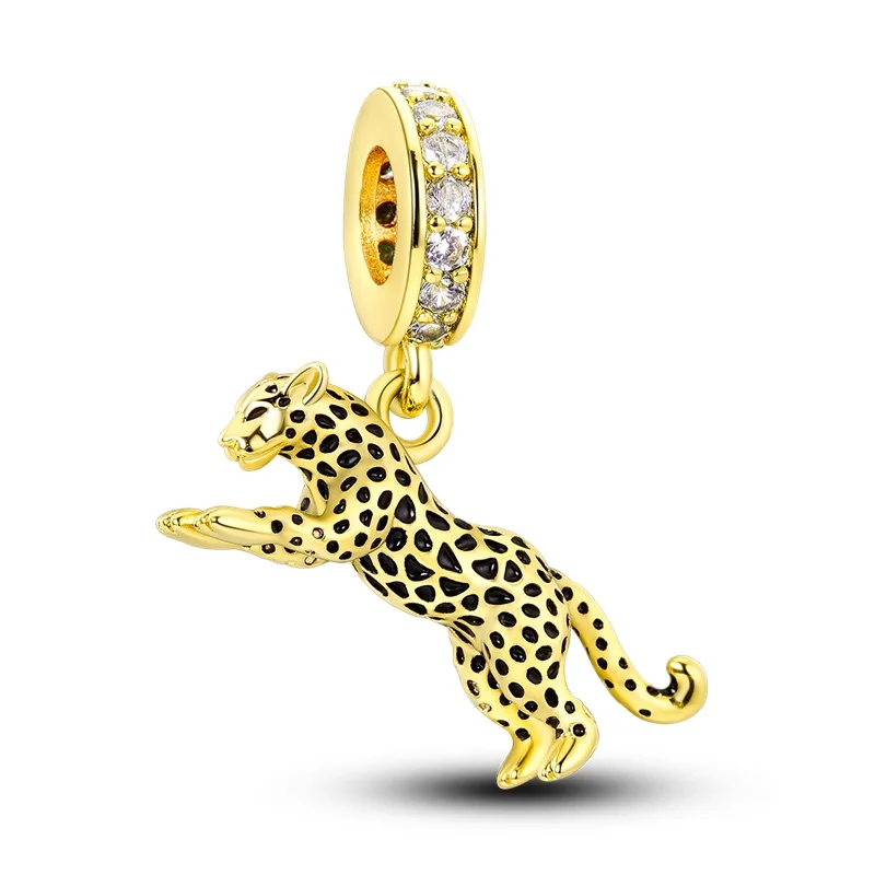 

925 Sterling Silver Gold Leopard Charms Bead Shining CZ Zirconium Pendant Dangle Fit Original Bracelet DIY Women Jewelry