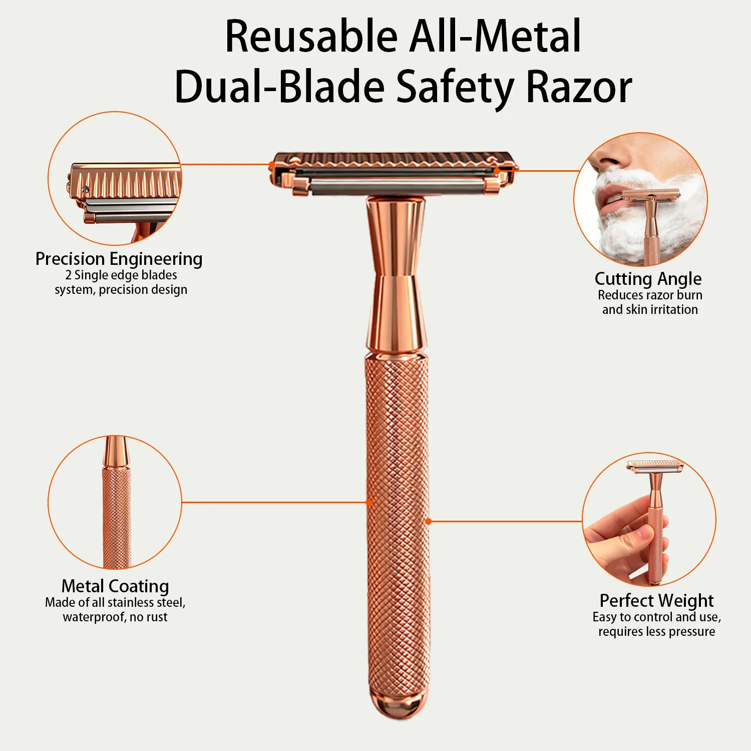

RZACLEA22T-1 double-layer safety razor with rolling wheel head, fashionable daily titanium alloy razor, rose gold with 10 blade