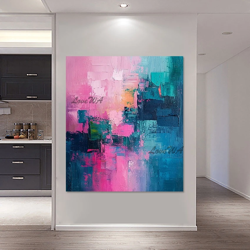 Abstract Picture Frameless Girl Room Decor Artwork Pink And Blue Textured Art Wall Mural Modern Handmade Paintings On Canvas