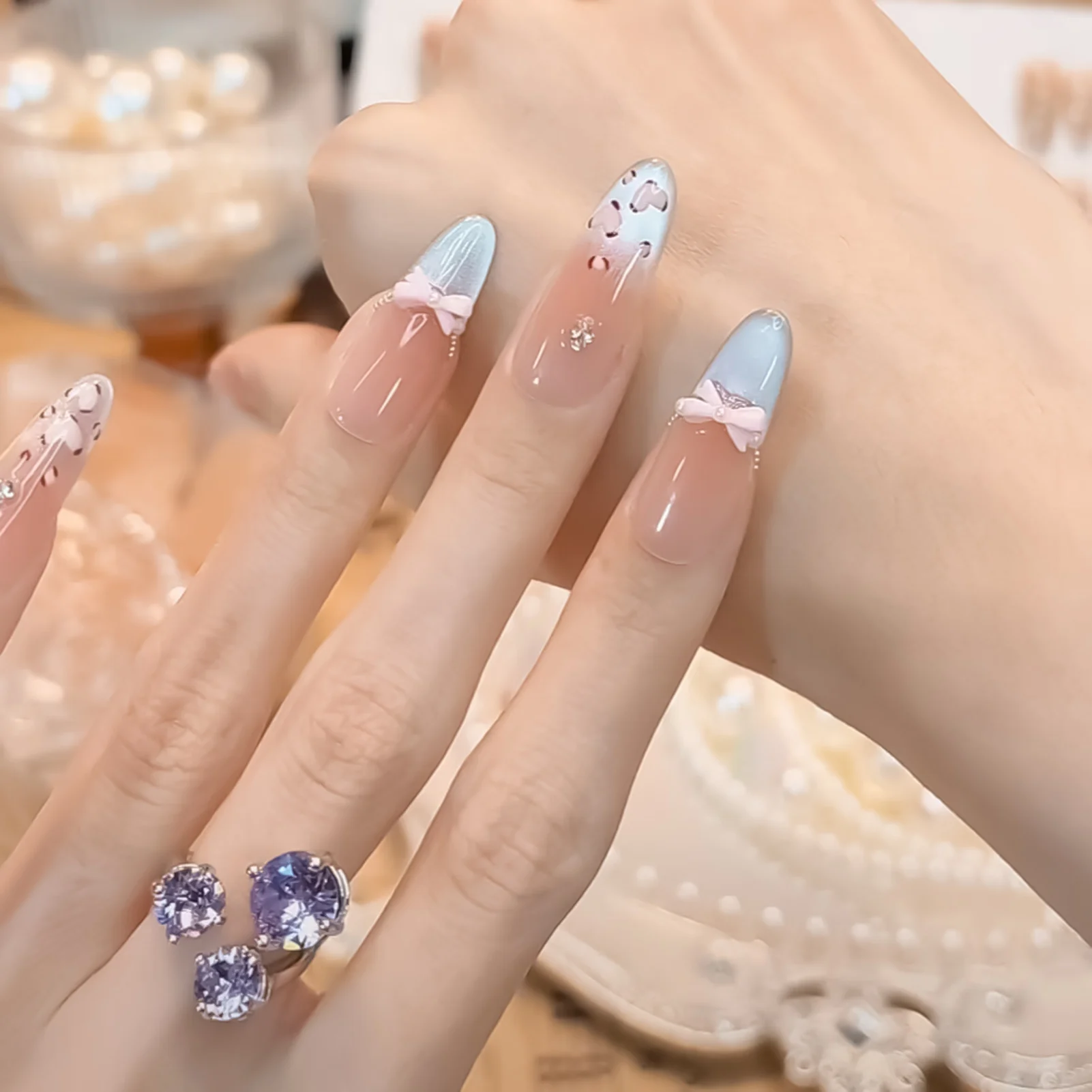 10 Uds. De uñas postizas con lazo de leopardo y ojo de gato, uñas postizas con mariposa, diamantes de imitación, elipse, almendra, uñas postizas para mujer, manicura DIY