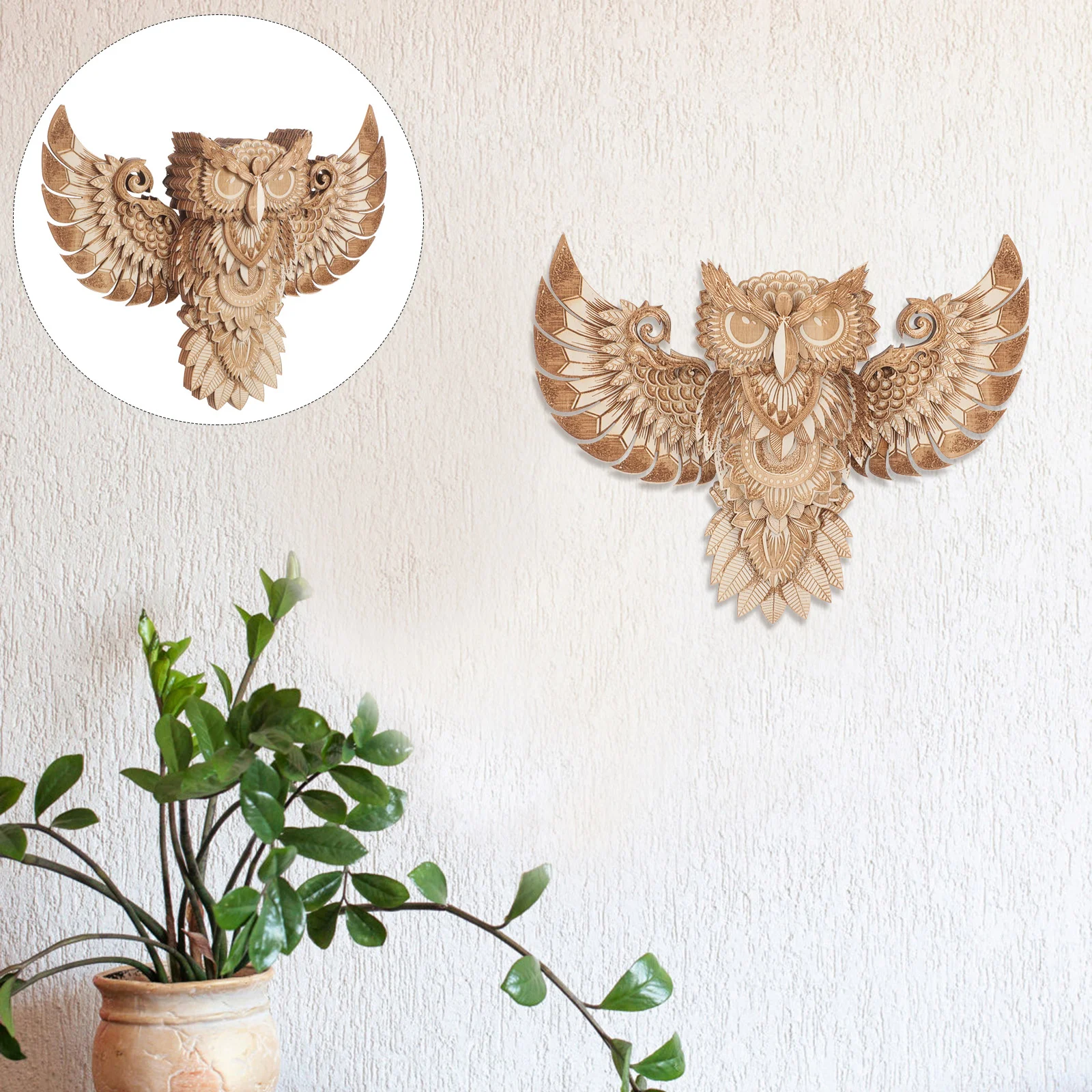 

Wooden Owl Decor Animals Fluffy Decorations for Party Wall Ornament Home Festival Office White