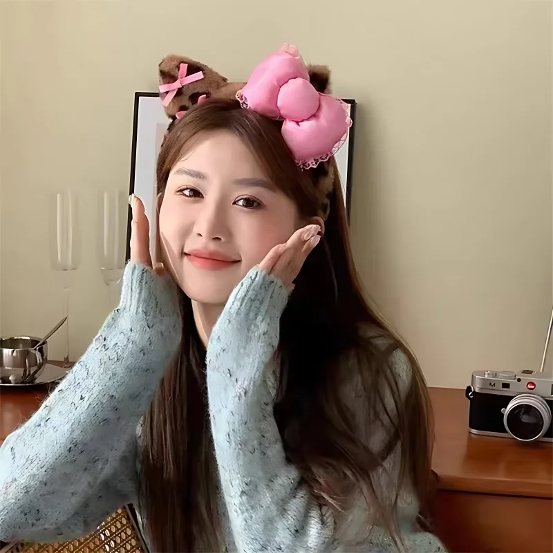 1-8Pcs Hair Band with Bow Cute Cat Ear Hair Band for Girls Wash Face Make-up and Mask Application Non-slip Headband