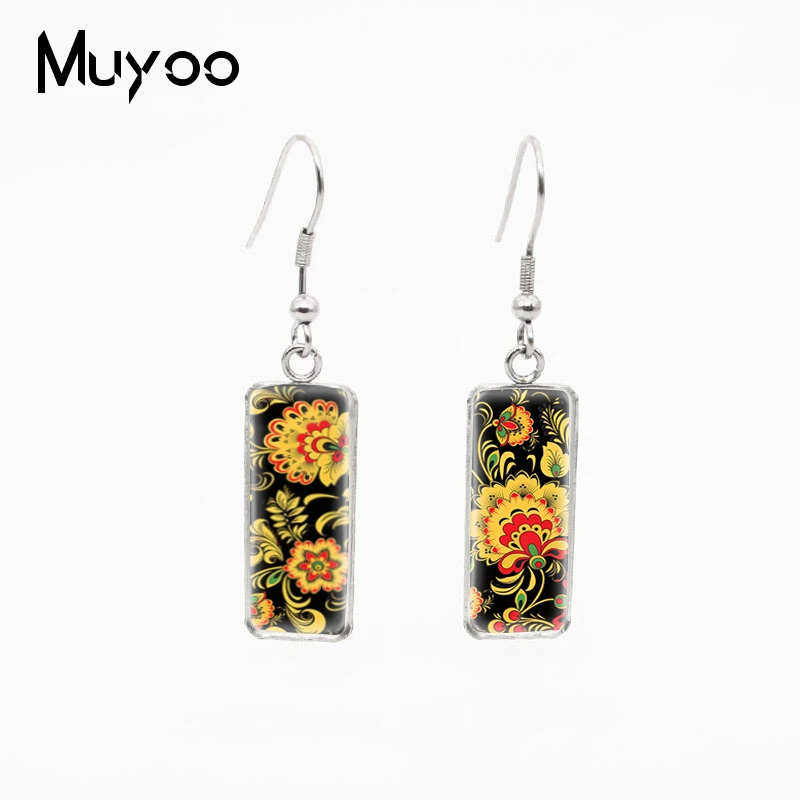 New Fashion Style Polish Folk Art Pattern Design Glass Cabochon Fish Hook Earrings Rectangle Shaped Pendants Jewelry Earrings